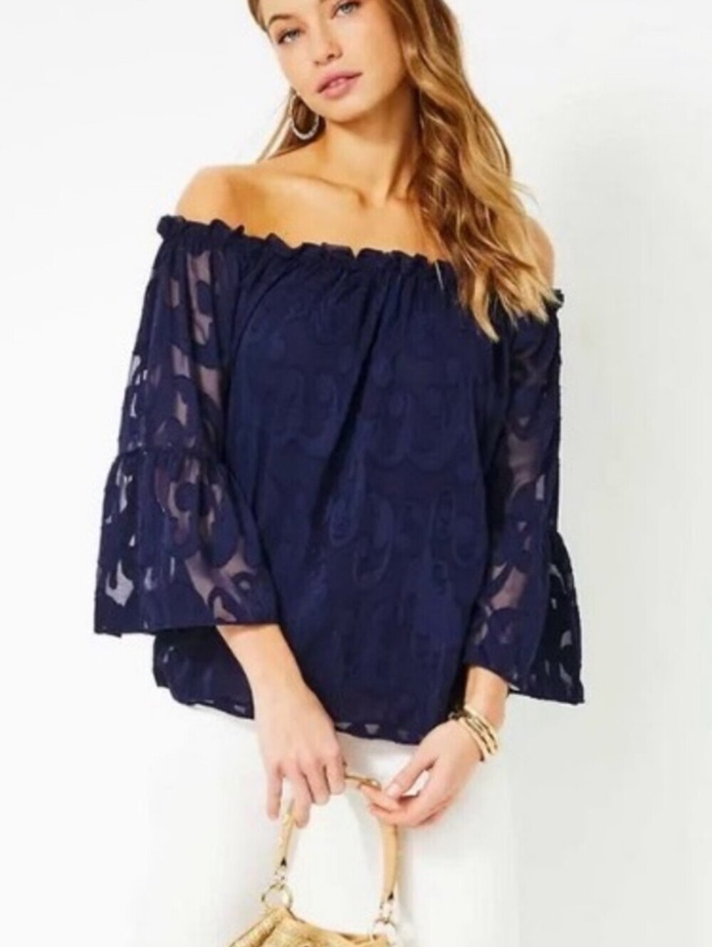 Lilly Pulitzer Nevie Off-the-Shoulder Top True Navy Summer Sz M